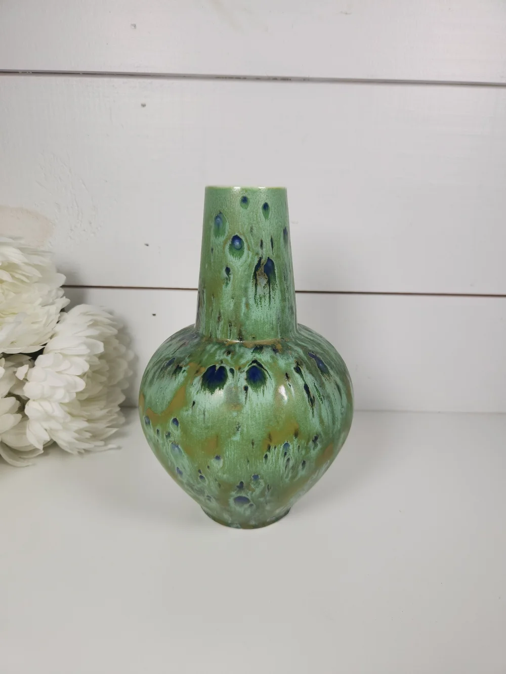 Vintage Peacock Feather Design Pottery Vase | Green & Blue Glazed Art Vase
